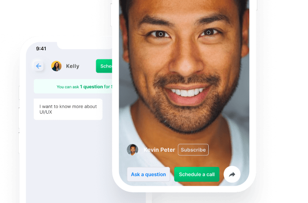 A composite image showing a user interface mockup with a messaging app on the left, where 'Kelly' asks about UI/UX, and a profile section on the right with 'Kevin Peter', featuring buttons to ask a question or schedule a call, all against a transparent background.